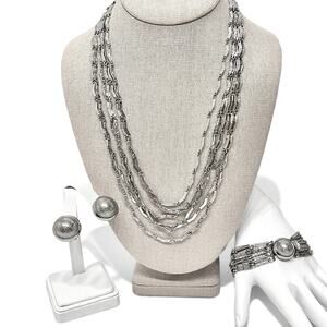 Silver Tone Bar Link Jewelry Set Multi Strand MCM Necklace Bracelet Earrings Vtg